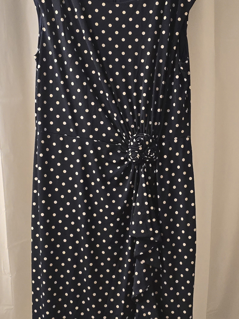 Connected Navy and White Polka Dot Midi Dress with Twist Rosette
